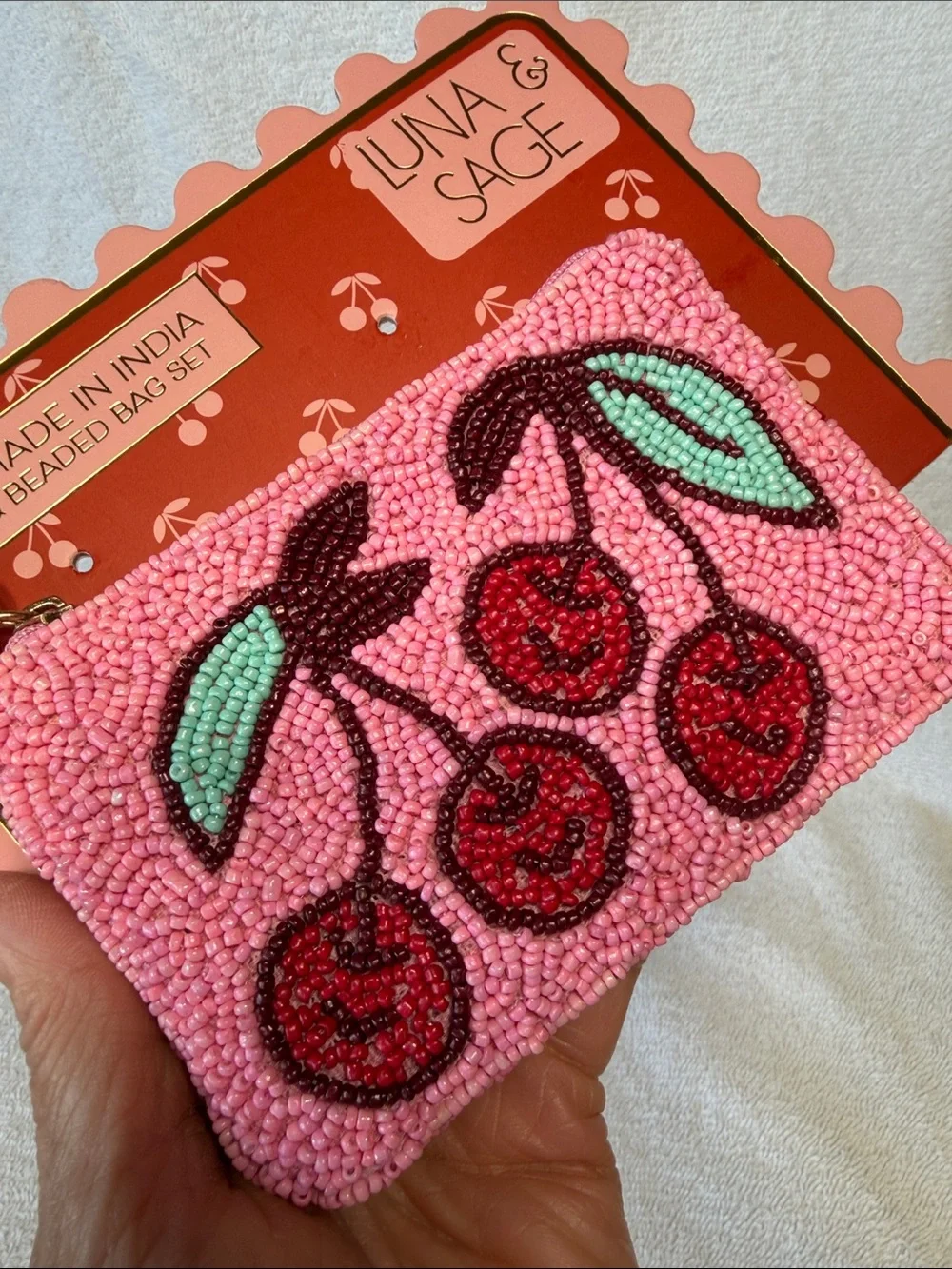 Luna & Sage Pink Beaded Cherry Coin Purse